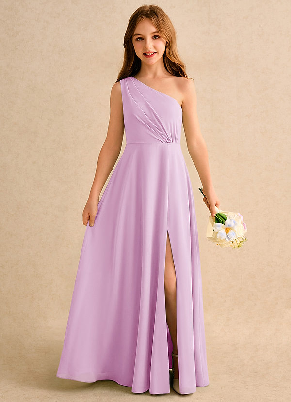 Azazie Puddles Girls Formal Robes de Fillette d'Honneur Robe Trapèze en Mousseline de soie Une épaule Rose Bonbon image1