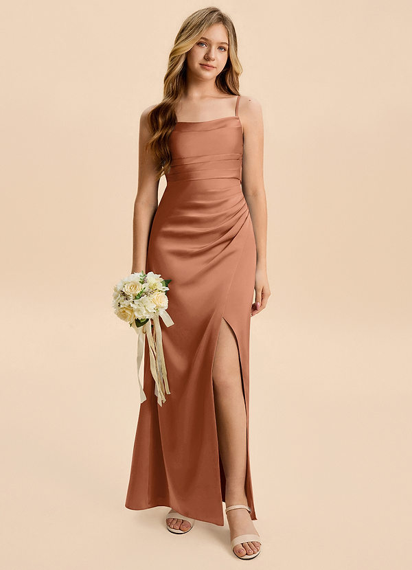 Minnie Junior Bronzer Sheath Ruched Stretch Satin Dress image1