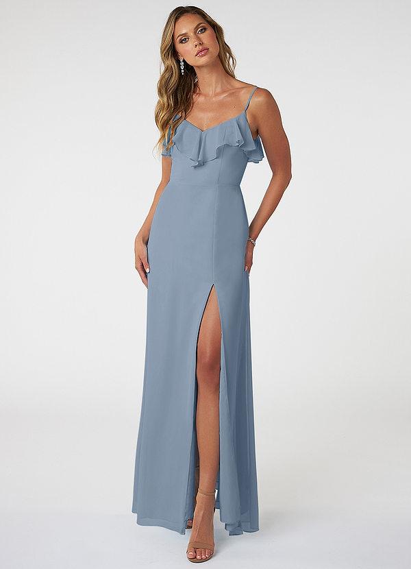Azazie Natalia Bridesmaid Dresses Dusty Blue A-Line Chiffon Dress image1