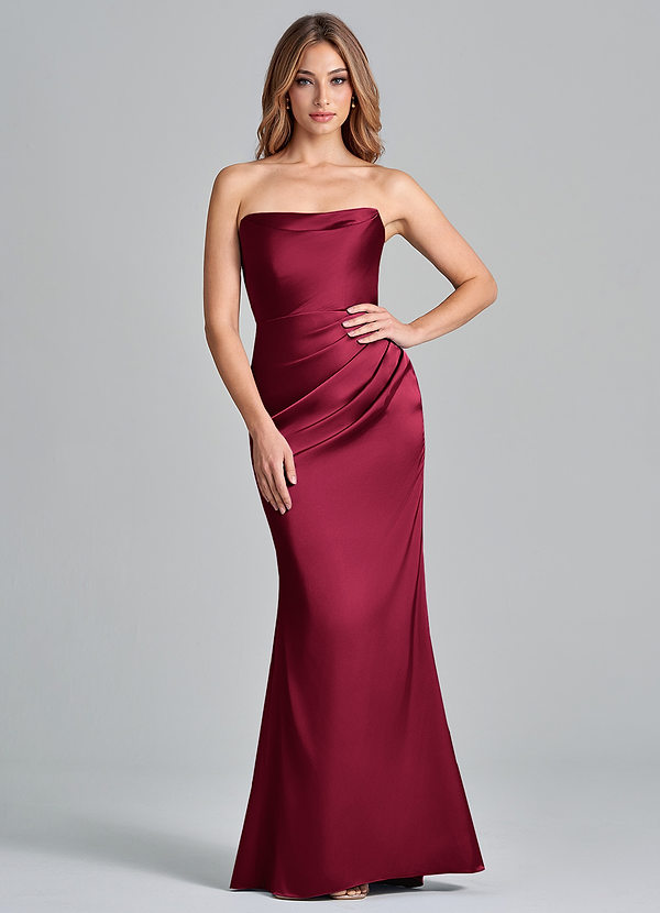 Azazie Olea 신부 들러리 드레스 인어 스트랩리스 스트레치 새틴 바닥 길이 드레스 image1