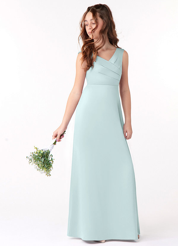 Azazie Sadia Junior Sea Glass A-Line Pleated Stretch Satin Dress image1