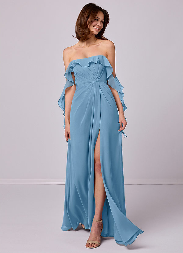 Barbie ♥ Azazie Bridesmaid Dresses Steel Blue A-Line Off the Shoulder Chiffon Convertible Dress image1