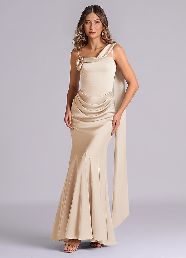 Azazie Inara Suknie dla druhen Syrena Pofałdowany Satyna elastyczna Do ziemi Sukienka image1