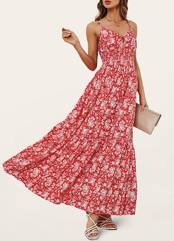 Denver Red Floral Print Sleeveless Maxi Dress Dresses Azazie