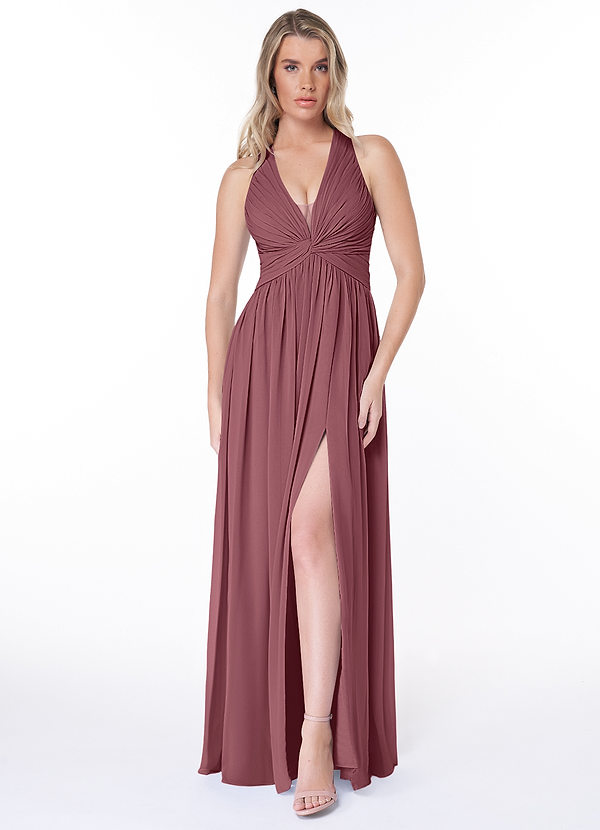 Azazie Jaclyn Vestidos de damas de honor Vestido Rosa Del Desierto de Gasa de Línea A con Plisado image1