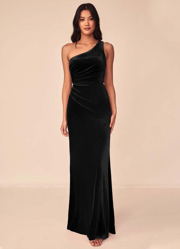 Azazie Argan Bridesmaid Dresses Black A-Line One Shoulder Pleated Velvet Dress image1