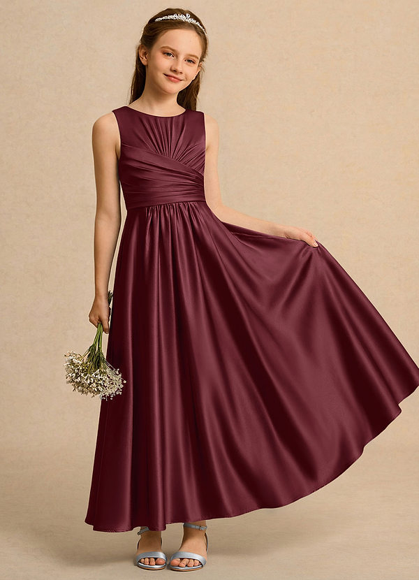 Azazie Ducky Girls Formal Flower Girl Dresses Cabernet A-Line Pleated Stretch Satin Dress image1