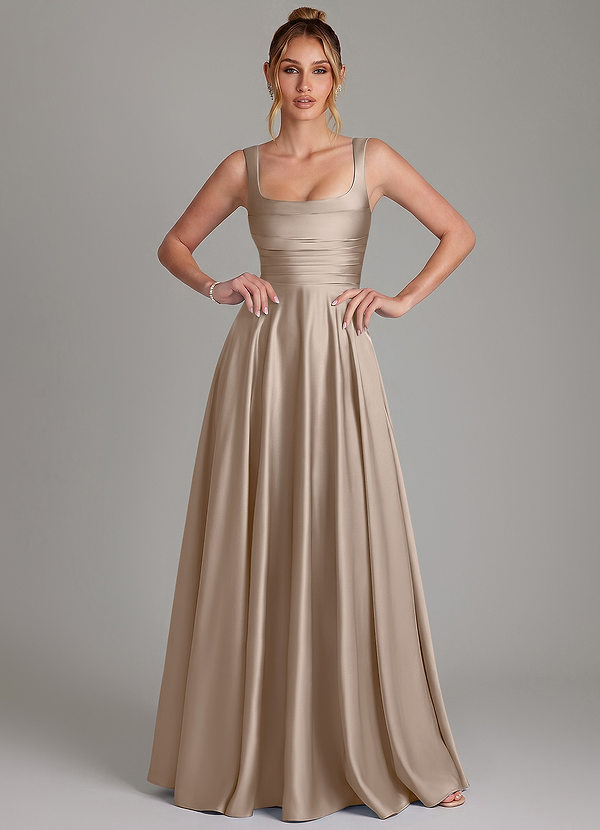Azazie Azaria Robes de demoiselle d'honneur Robe Trapèze en Satin extensible Corset Taupe image1