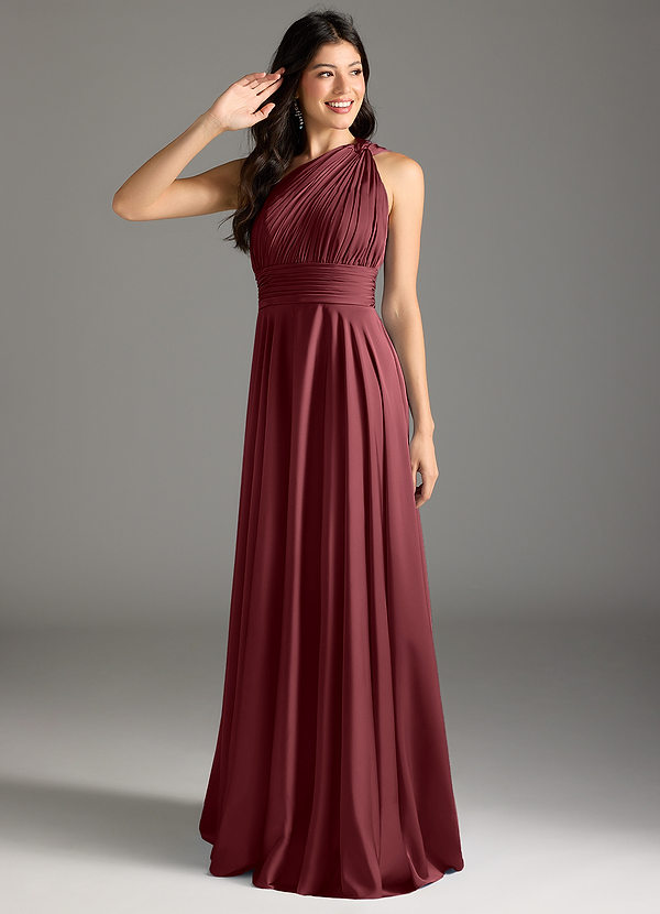 Azazie Charlize Robes de demoiselle d'honneur Robe Trapèze en Satin extensible Asymétrique Merlot image1