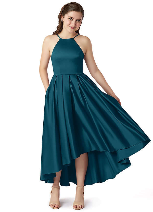 Azazie Jemima Junior Ink Blue A-Line with Pockets Stretch Satin Dress image1