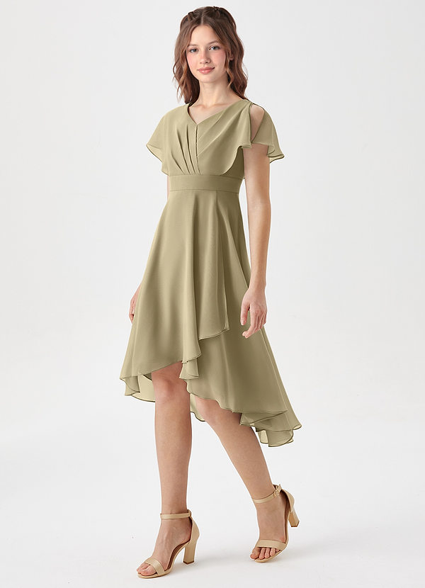 Azazie Graciela Junior Moss Green A-Line Pleated Chiffon Dress image1