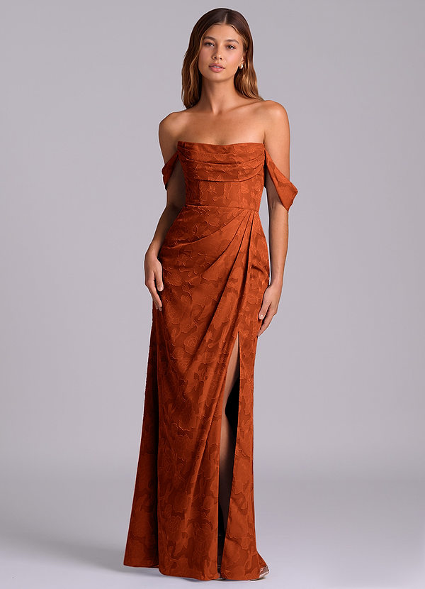 Azazie Johana Robes Demoiselle d'honneur Robe Sirène Convertible en Blumen-Burnout Épaule décolletée Paprika image1