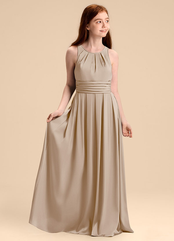 Azazie Bibiane Junior Taupe A-Line Pleated Stretch Satin Dress image1