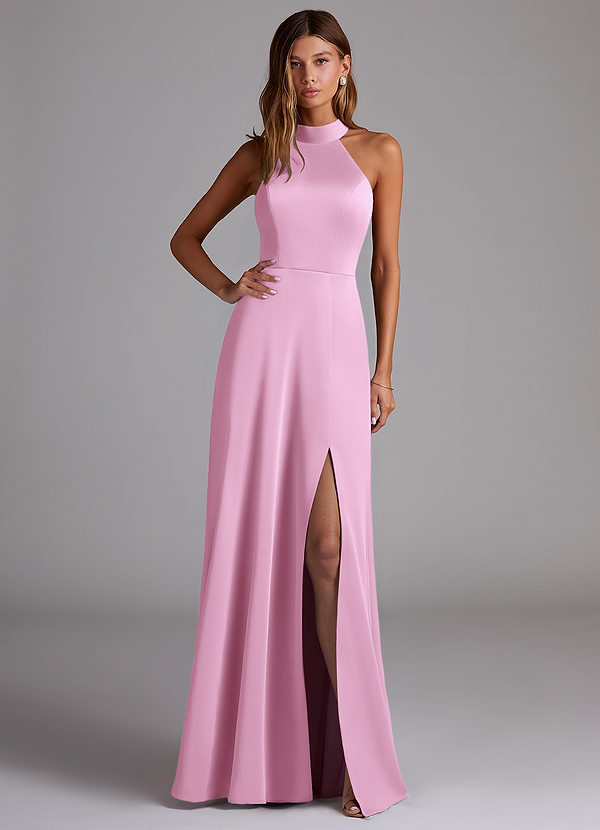 Azazie Myra Bridesmaid Dresses Candy Pink A-Line High Neck Stretch Satin Dress image1