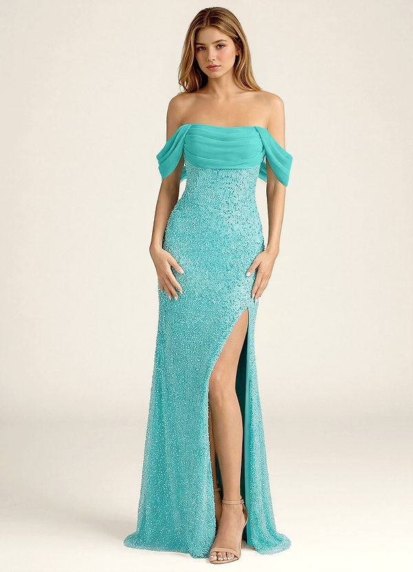 Elowencyn Bleu Robe de bal en mousseline satinée à perles et résille image1