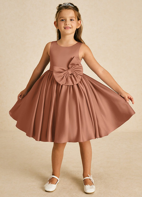 Azazie Apple Flower Girl Dresses Bronzer A-Line Bow Matte Satin Dress image1