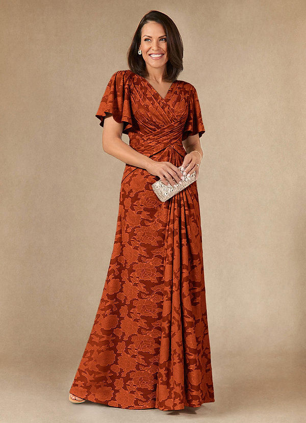 Azazie Emmeline Mother of the Brides Dresses Paprika A-Line Pleated Floral Burnout Dress image1