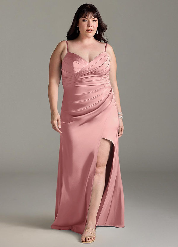 Azazie Yola Bruidsmeisjes Jurken Converteerbaar Jurk van Stretch Satijn met Kolom V-hals geplooid Rozet image1