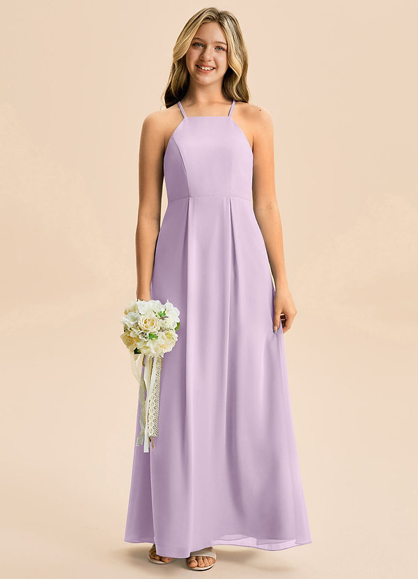 Azazie Farrah Junior A-linja Pliseerattu Sifonki Lattian pituus Nuorempi morsiusneito Pukeutua image1