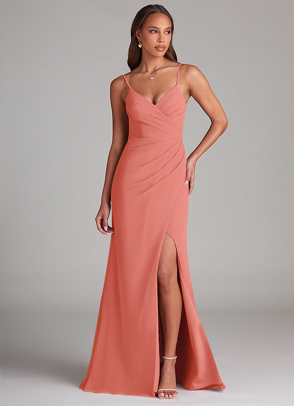 Azazie Maci Bridesmaid Dresses Salmon Pink Sheath Pleated Chiffon Dress image1