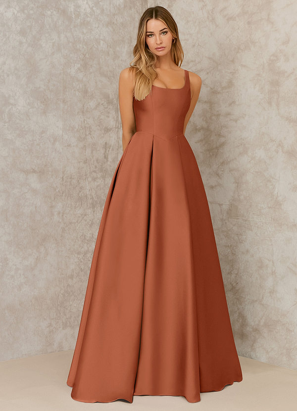 front A-Line Pleated Stretch Satin Floor-Length Dress