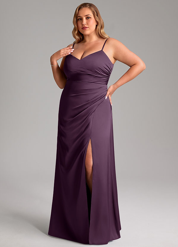 Azazie Azuree Bridesmaid Dresses Plum A-Line Pleated Stretch Satin Dress image1