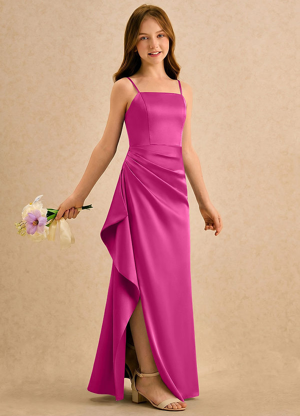 Azazie Cannoli Girls Formal Sukienki dla dziewczynek sypiących kwiaty Linia A Pofałdowany Satyna elastyczna Długość podłogi Sukienka image1