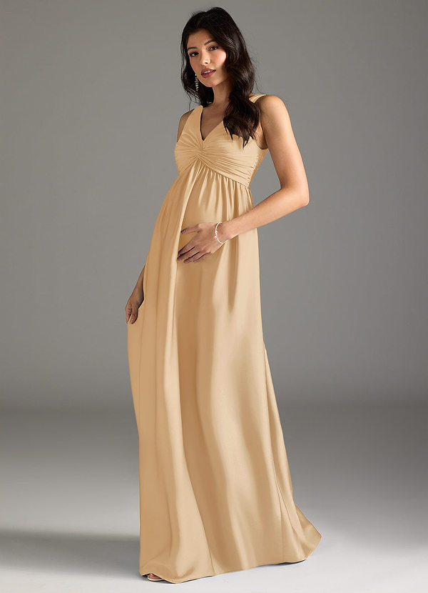 Azazie Yetta Maternity Bridesmaid Dresses A-Line Pleated Stretch Satin Floor-Length Dress image1