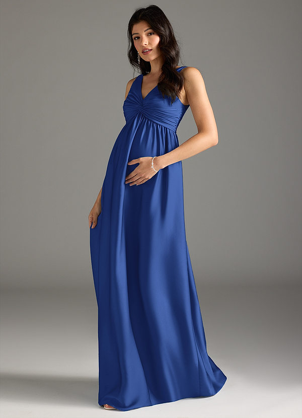 Azazie Yetta Maternity Bridesmaid Dresses A-Line Pleated Stretch Satin Floor-Length Dress image1