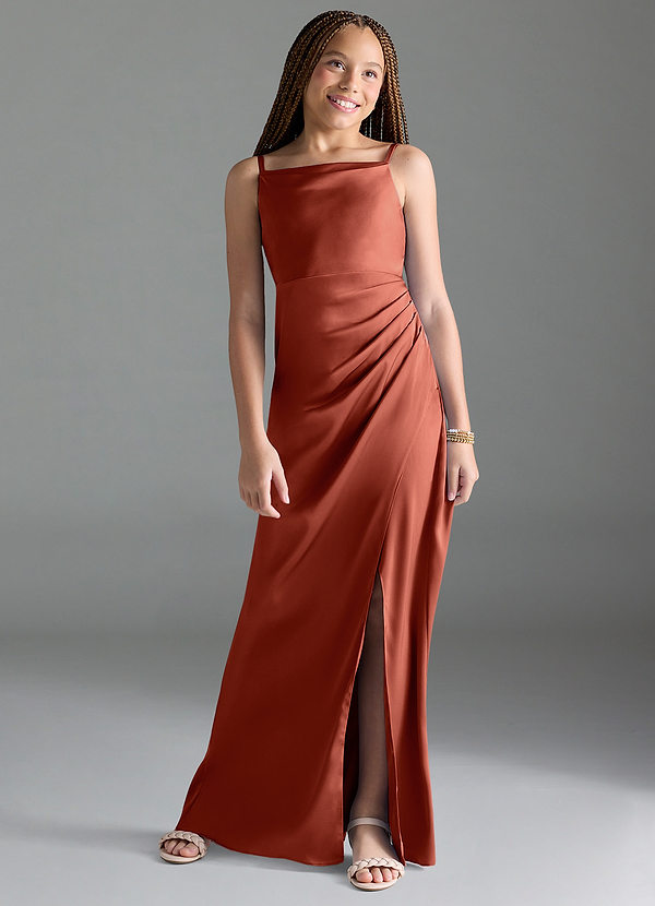 Azazie Leonis Junior Terracotta A-Line Pleated Stretch Satin Dress image1