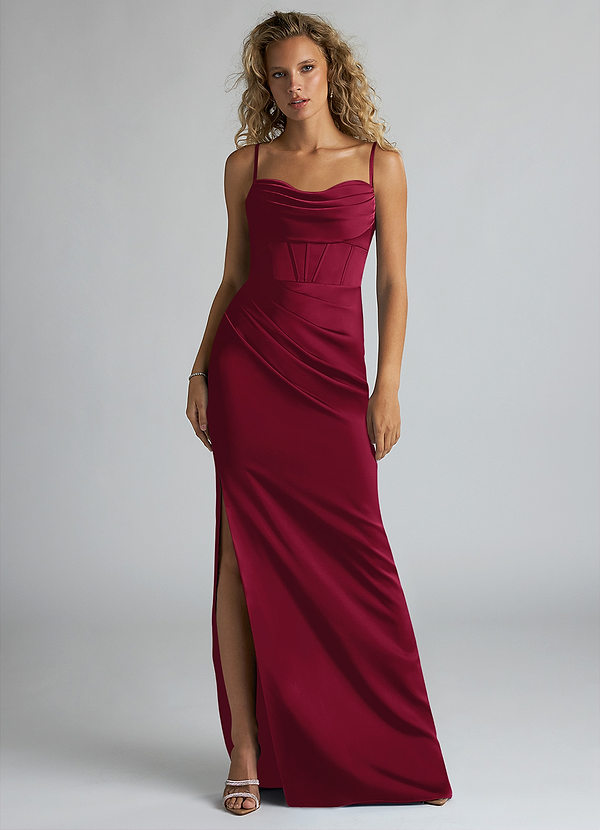 Azazie Mai Bridesmaid Dresses Burgundy Sheath Pleated Stretch Satin Dress image1