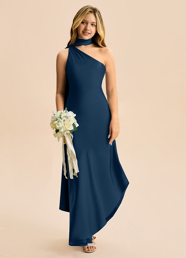 Azazie Briony Junior Vestido Azul Marinho de Cetim elástico de Bainha com Plissado image1