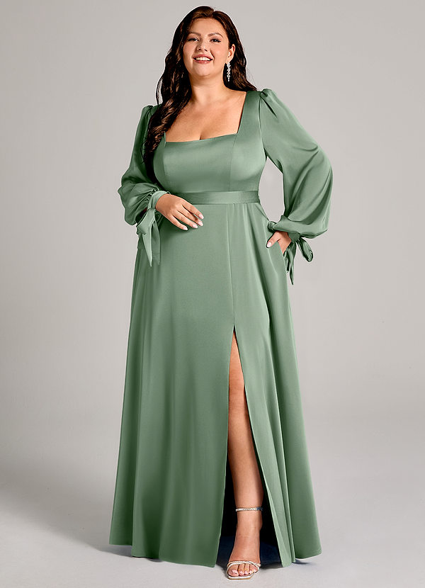 Azazie Leonia Bridesmaid Dresses Matcha A-Line Long Sleeve Stretch Satin Dress image1