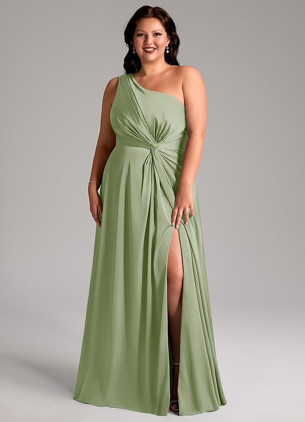 Azazie Brooke Brautjungfernkleider A-Linie One-Shoulder Stretch-Satin Kleid Staubiger Salbeigrün image1