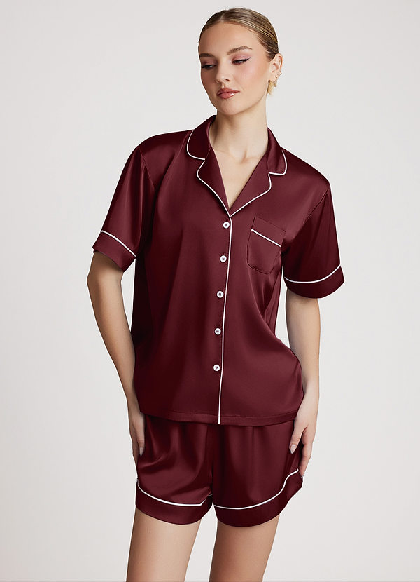front Cabernet Satin Contrast Piping Pajama Set
