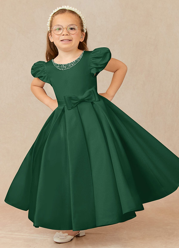 Azazie Jewel Flower Girl Dresses Dark Green Ball-Gown Pleated Matte Satin Dress image1