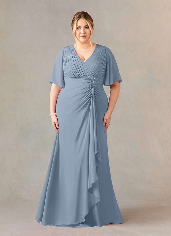 Azazie Carson Mother of the Brides Dresses Dusty Blue A-Line V-Neck Lace Chiffon Dress image1