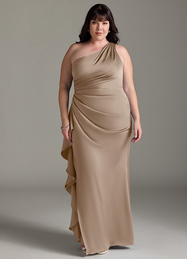 Azazie Latrice Brautjungfernkleider Etui Kaskadierende Rüschen an einer Schulter Stretch-Satin Kleid Taupe image1