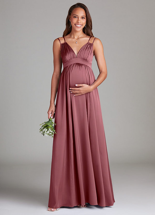 Azazie Emree Maternity Bridesmaid Dresses A-Line Stretch Satin Floor-Length Dress with Pockets image1