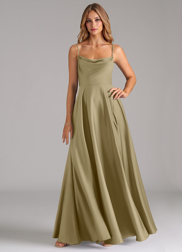 Azazie Elle Bridesmaid Dresses Moss Green A-Line Pleated Stretch Satin Dress image1