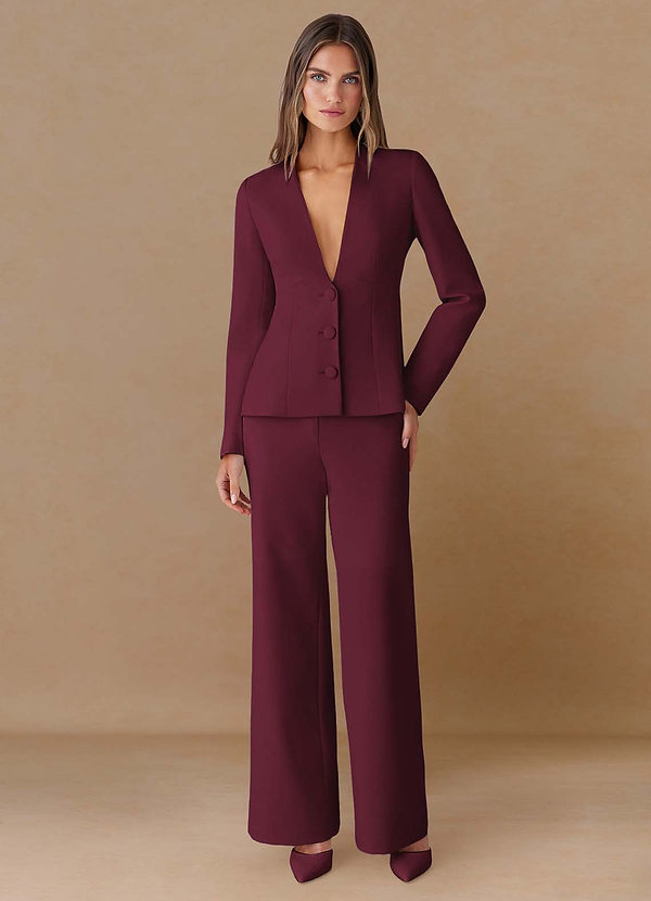 front Elara Burgundy Extreme-Plunge Refined Weave 2-Piece Suit