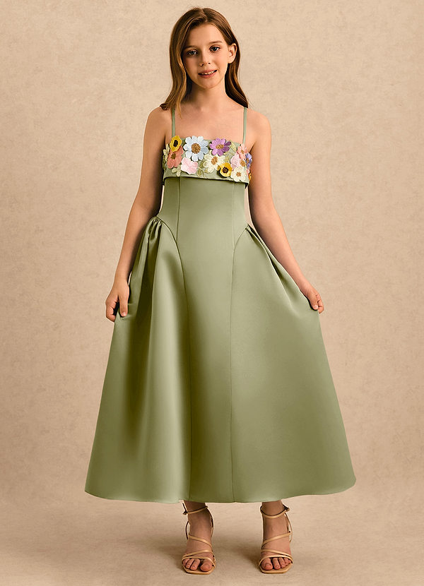 Azazie Gianna Girls Formal Sukienki dla dziewczynek sypiących kwiaty Linia A Pofałdowany Matowy satynowy Długość herbaty Sukienka image1