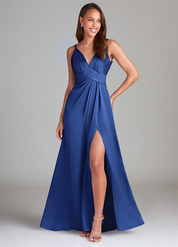 Azazie Maren Allure Bridesmaid Dresses Royal Blue A-Line Lace Stretch Satin Dress image1