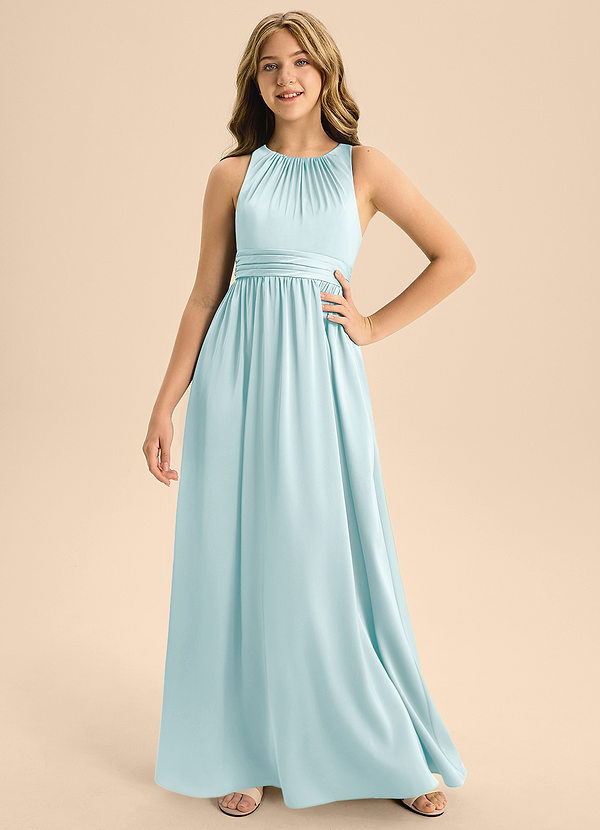 Azazie Jaylah Junior Sea Glass A-Line Pleated Stretch Satin Dress image1