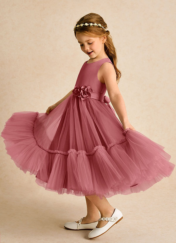 Azazie Miracle Sukienki dla dziewczynek sypiących kwiaty Linia A Ukłon Matowy satynowy Długość herbaty Sukienka image1