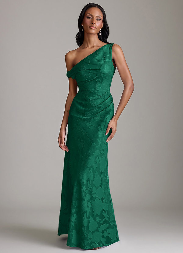 Azazie Emerson Bridesmaid Dresses Vestido Esmeralda de Esgotamento Floral de sereia com Fora do ombro image1