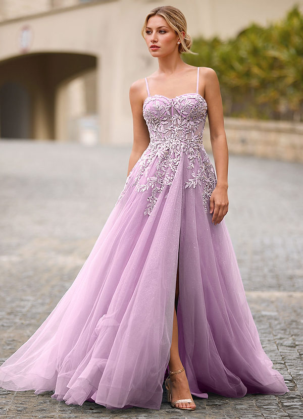 Celeste Light Purple Rhinestone Sheer Lace Prom Dress image1