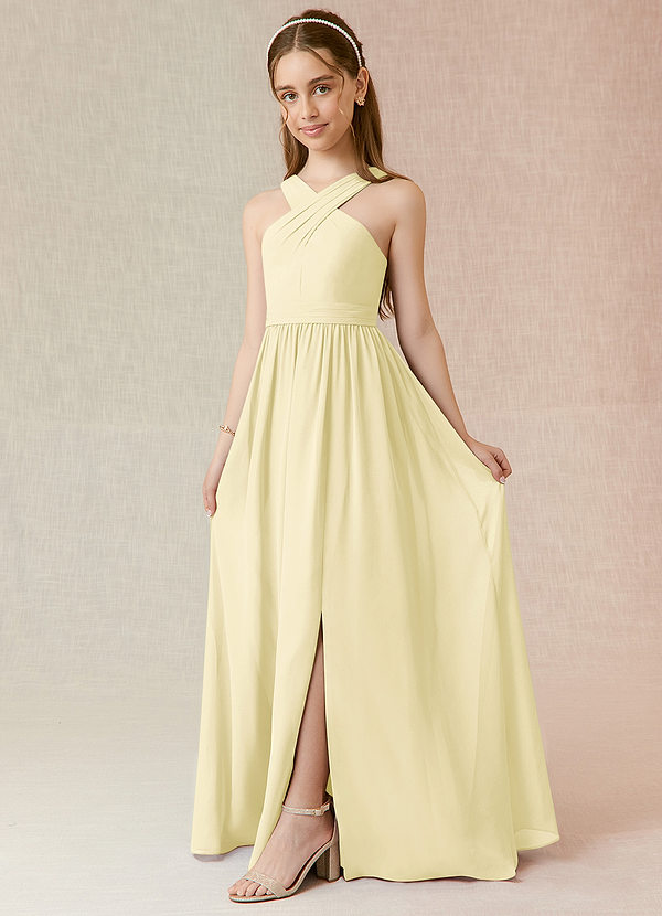 Azazie Jiya Junior Lemon Sorbet A-Line Pleated Chiffon Dress image1