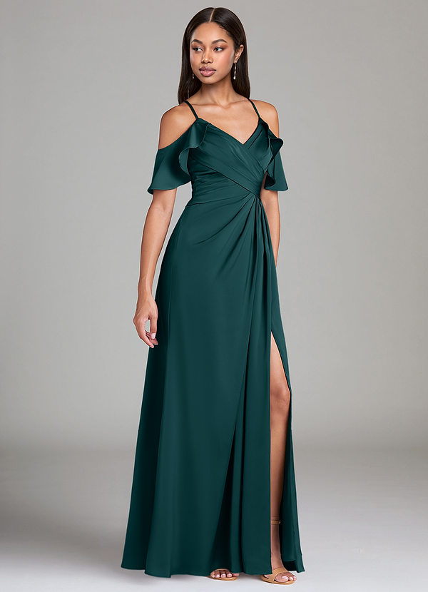 Azazie Dakota Bridesmaid Dresses Pine A-Line Off the Shoulder Stretch Satin Dress image1