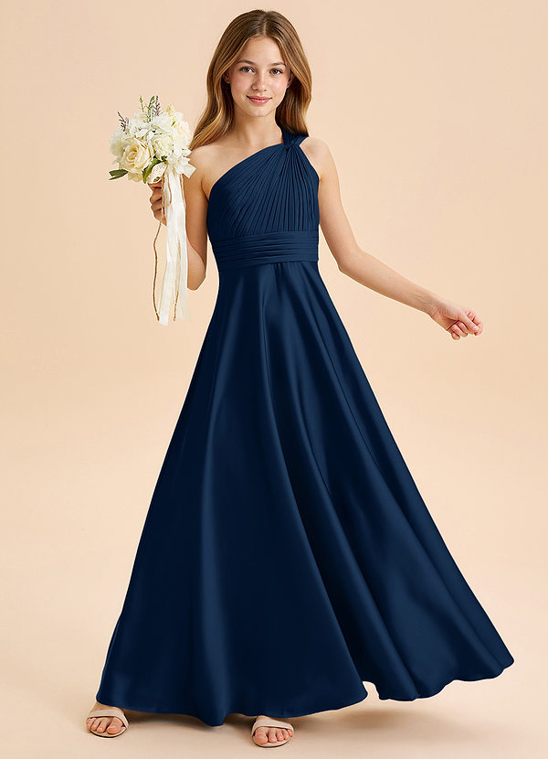 Azazie Charlize Junior Dark Navy A-Line Pleated Stretch Satin Dress image1